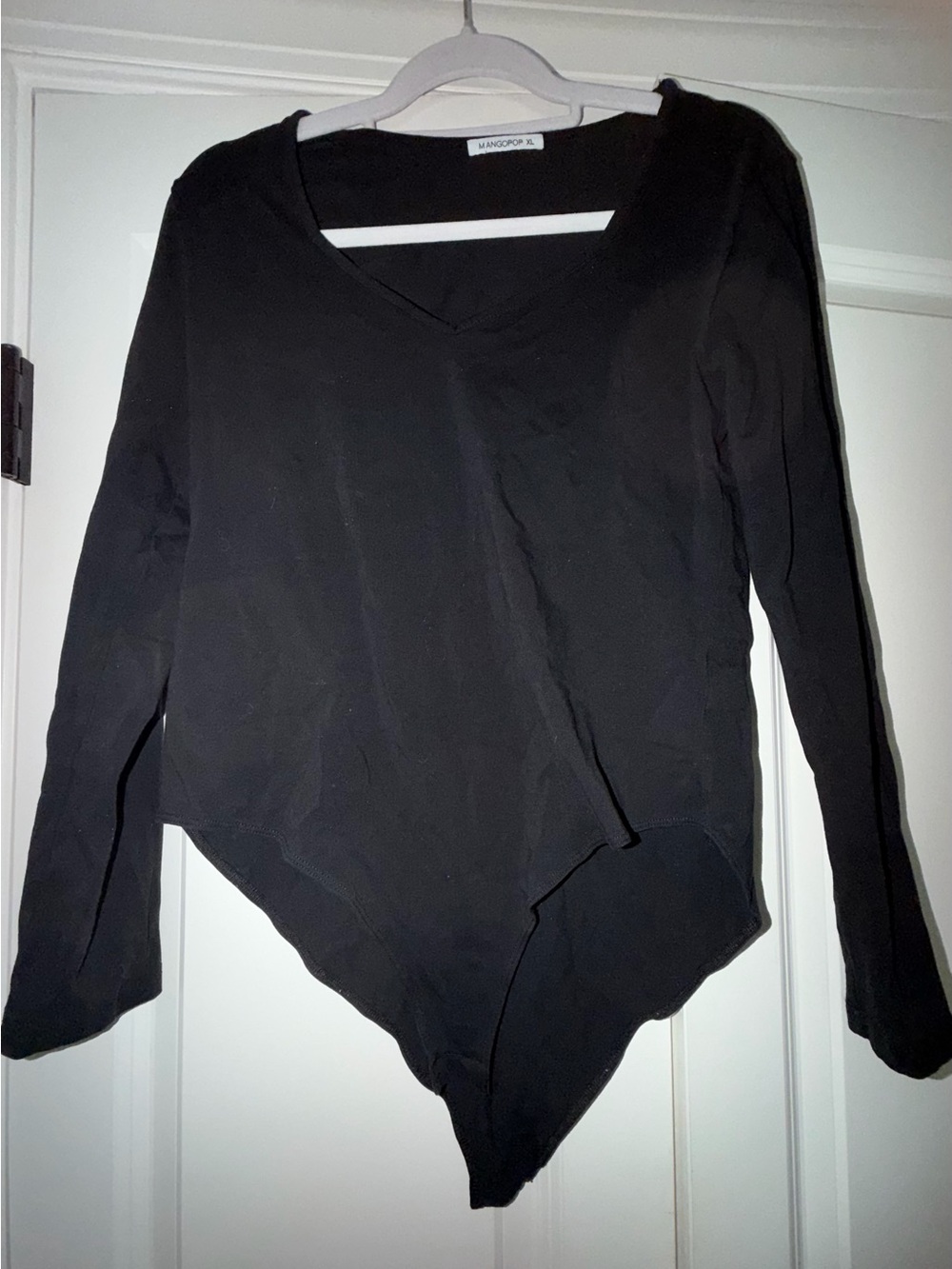 MANGO Black Long-Sleeve V-Neck Asymmetric Bodysuit
